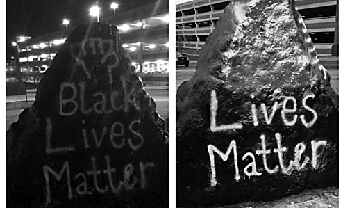 The words "black" and "racism" were censored on the spirit rock that RA's for Social Justice painted. 